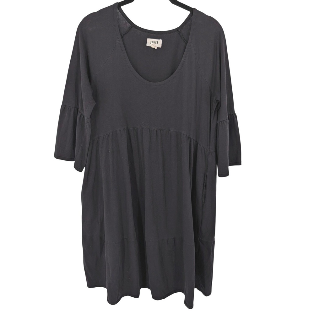 Pact Dress Women Small Black Tiered Babydoll Organic Cotton Bell Sleeve Pocket
